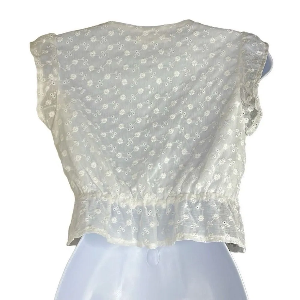 Idem Ditto White Eyelet Floral Crop Top Small Peplum Ruffle Sleeve Plunge Neck - Image 2