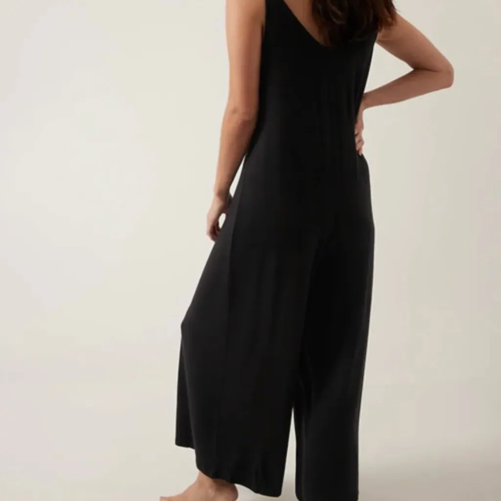 Athleta Nighttime Bliss V-Neck Sleep Romper Jumpsuit Oversized Wide Leg Black XS - Image 4