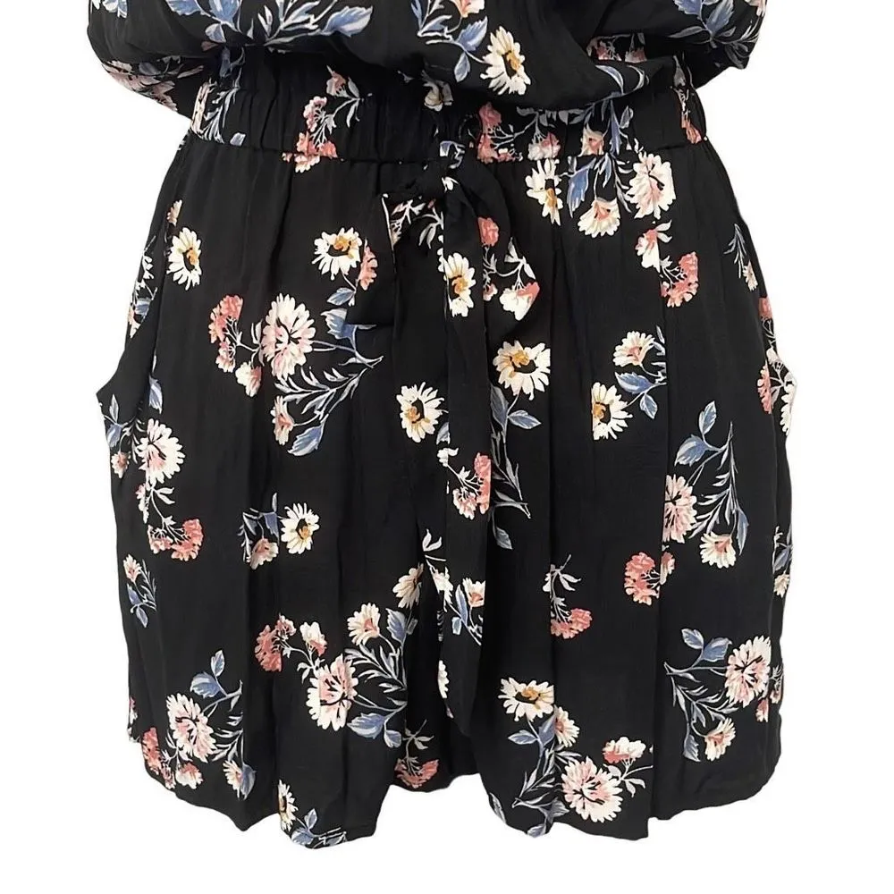Womens Floral Romper Halter Neck Sleeveless Waist Tie Pocket Small Black - Image 3