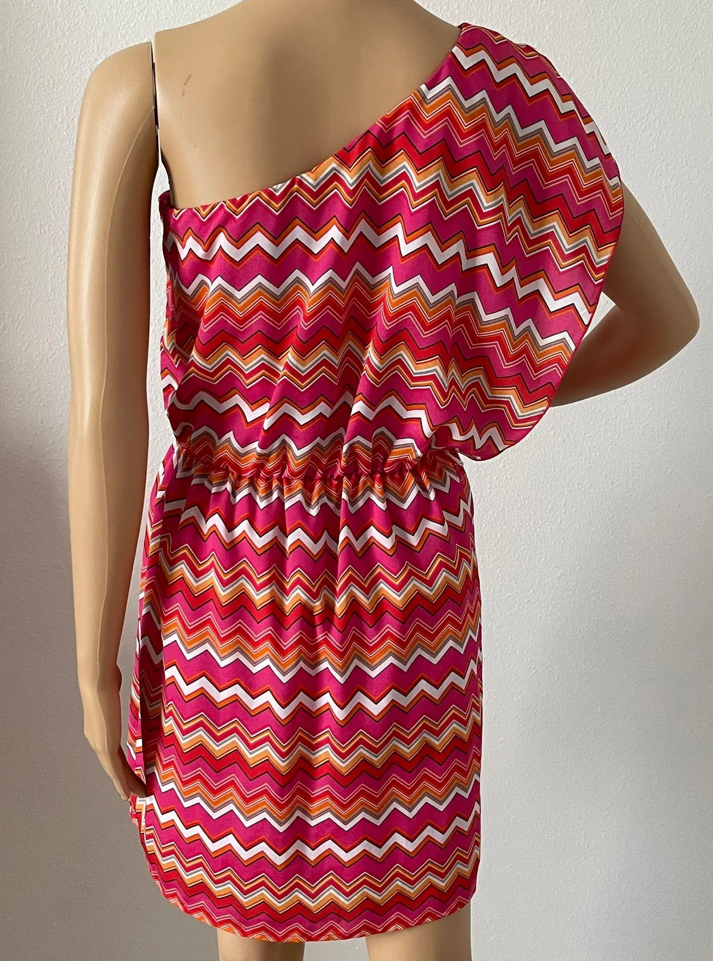 One Shoulder Pink Red White Mini Dress M - Image 3