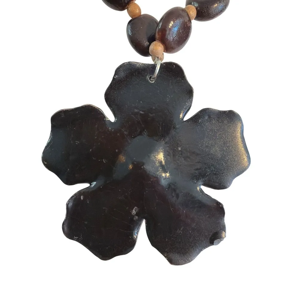 Vtg Shell Flower Pendant Wood Bead Necklace Earrings Set Vacation Beach Estate Brown - Image 4