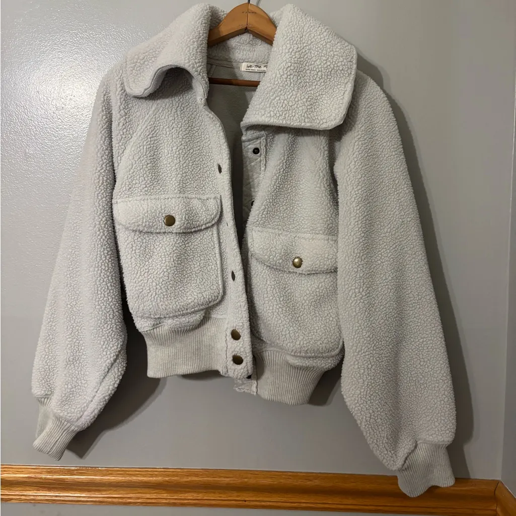 Free People Jacket Shasta Snap Up Fleece Bomber Morning Fog Grey Size XS - Image 2