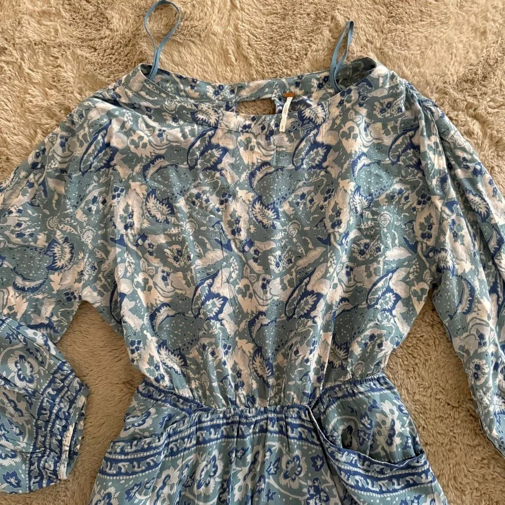Free People‎ Washed Blue Silver Sun Floral Blouson Open Back Dress Sz S Summer - Image 4