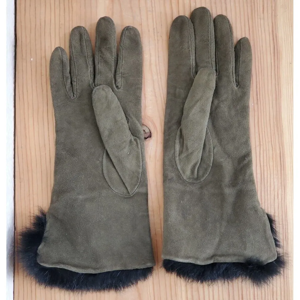 VTG Rabbit Fur Cuff Gloves Ladies Women Size 6.5 Green Leather Black Mob Wife - Image 2