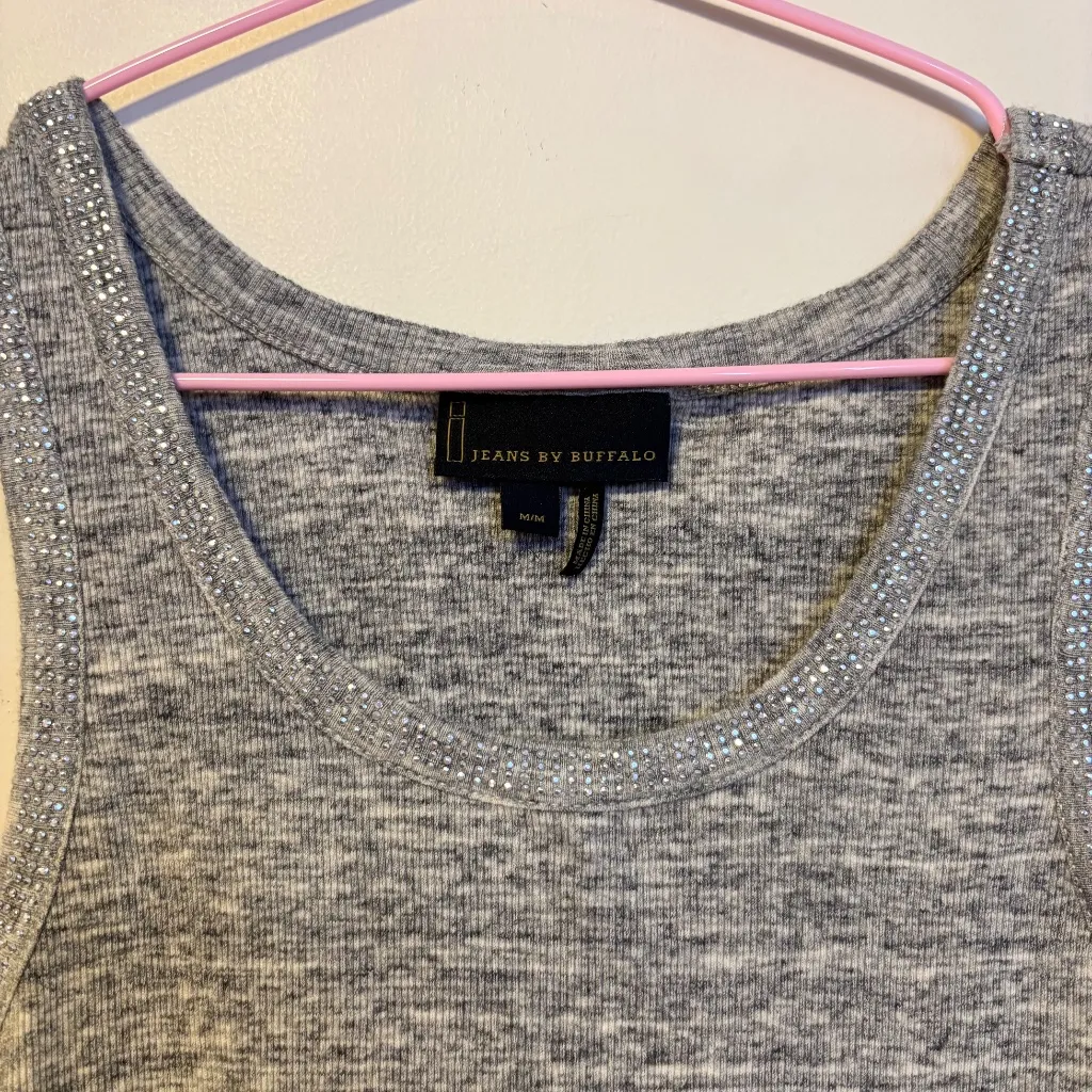 I Jeans by Buffalo Y2K Rhinestone Collar Trim Ribbed Tank Top Dark Grey Womens M Gray Size M - Image 3