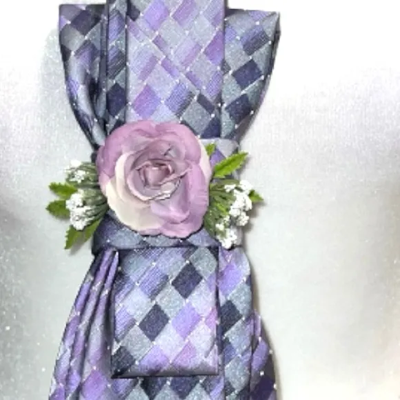 “Dainty Dapper” Elegant Purple pattern necktie Necklace with rose - Image 2