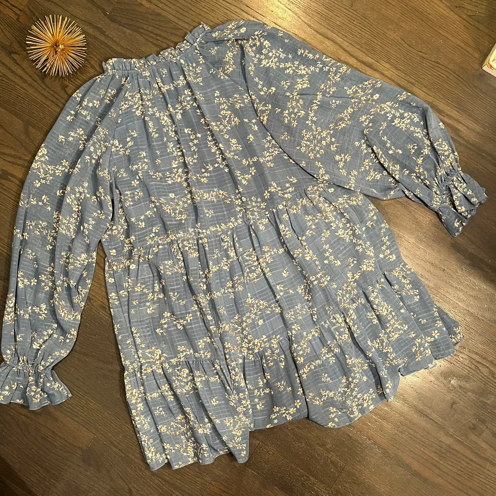 Lulu’s Romantic Type Slate Blue Floral Print Tiered Babydoll Dress Women’s S - Image 7