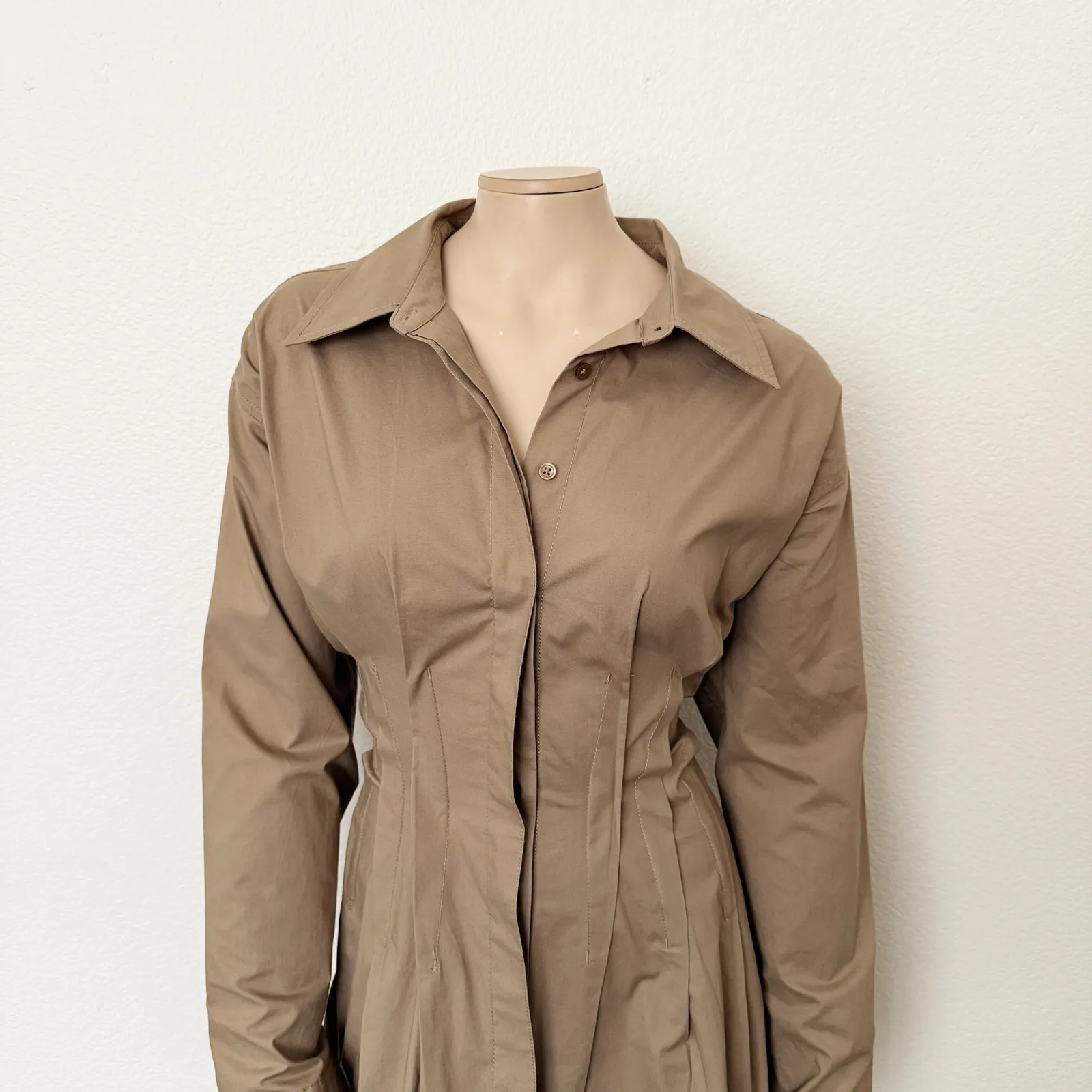 [Anthropologie] Pilcro Khaki Camel Pleated Pintuck Mini Shirt Dress Size Large L - Image 5