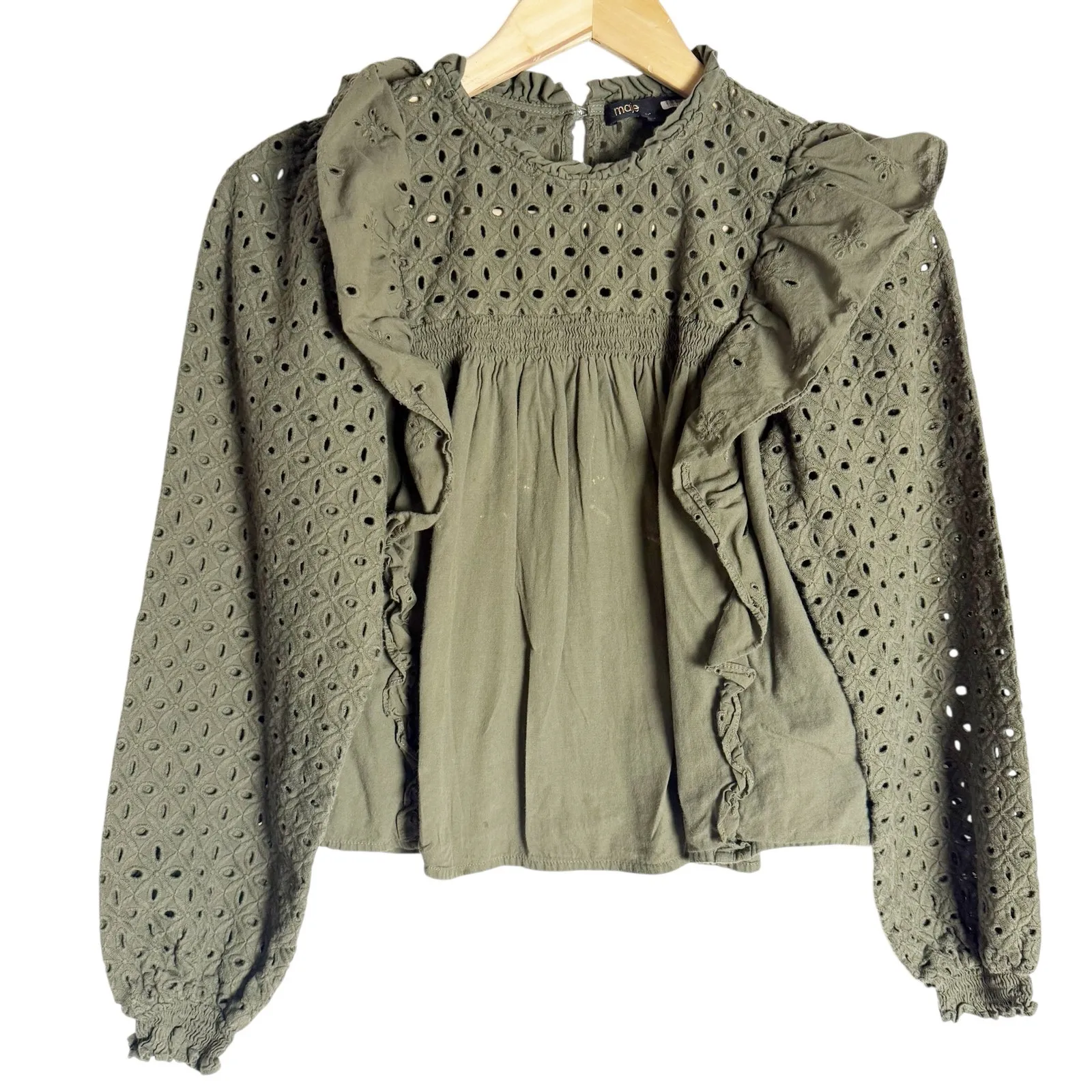 Maje Linode Olive Green Ruffled Eyelet Long Sleeve Top Size Small - Image 2
