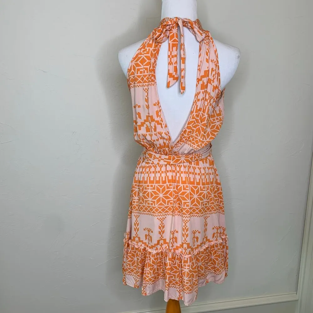 Orange Tan Geometric Pattern Halter Dress High Neck Sz Small - Image 2