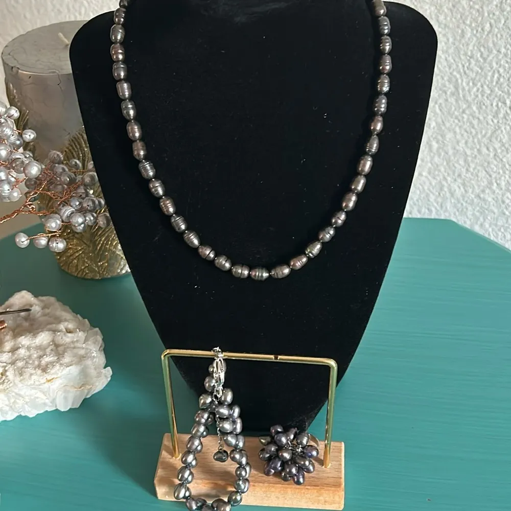 Set Peacock Luster Freshwater Rice Pearl Bracelet Ring Necklace Collection Gray - Image 10