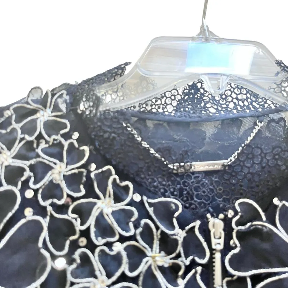 Elie Tahari Navy Silver Floral Lace Sheer Organza Silk Bomber Jacket Size Medium - Image 3