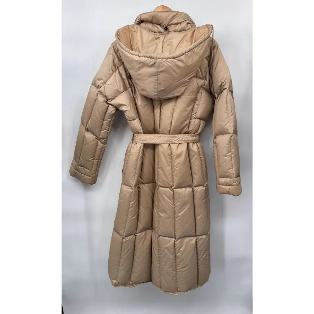 Vintage Down & Feather Outerwear Jacket Womens Large Tan Quilted Nylon Hood Belt Brown - Image 8
