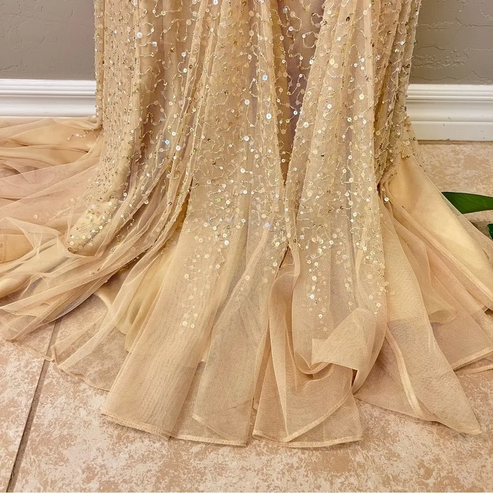 Teri Jon by Rickie Freeman heavily sequinned mermaid style gown, honey beige, 6 Tan - Image 16