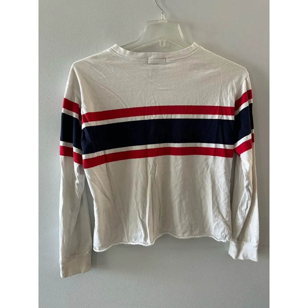 Forever 21 Top Women's Medium White Striped Long Sleeve Cropped Crewneck - Image 4