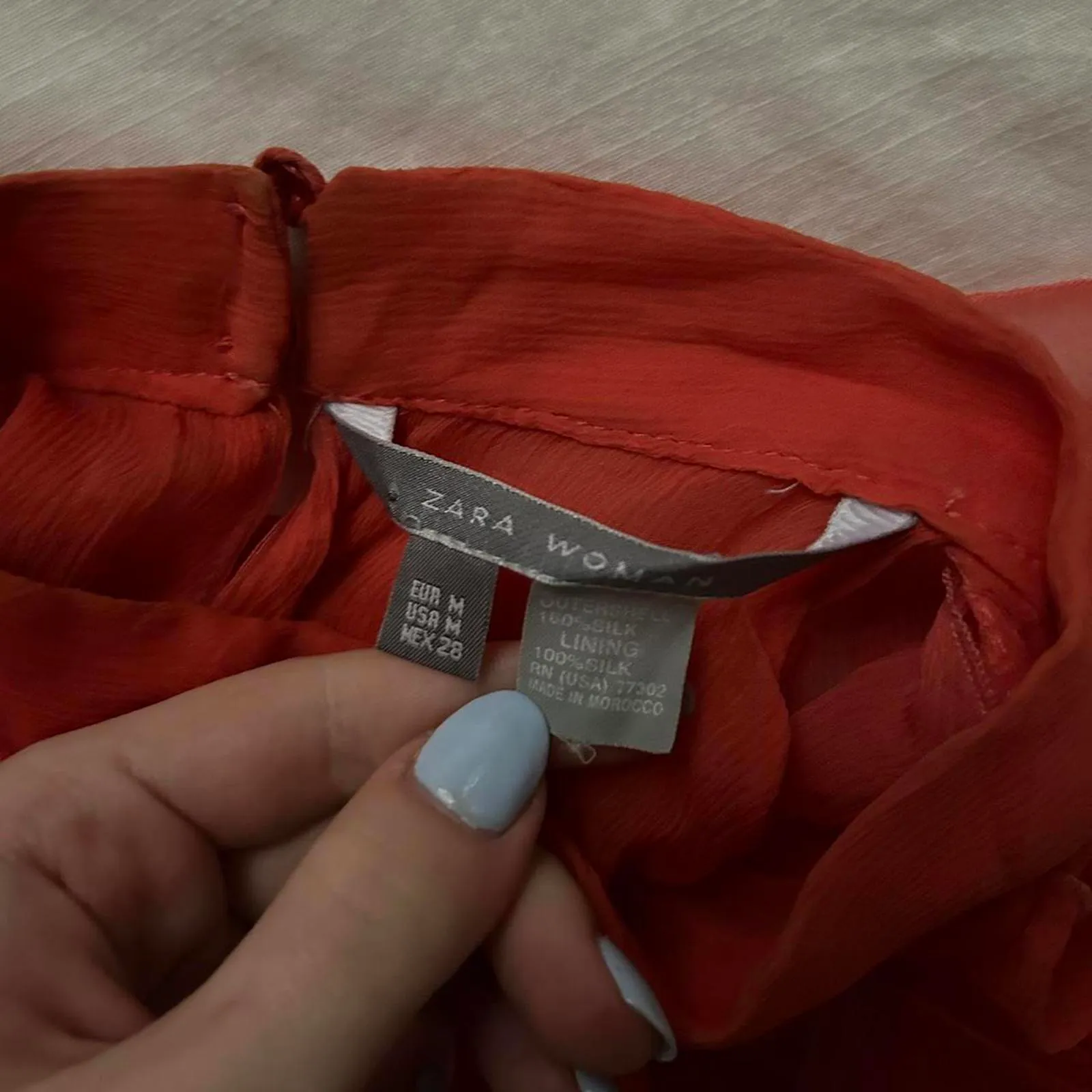 Zara silk Orange high neck ruffle blouse top Size medium - Image 2