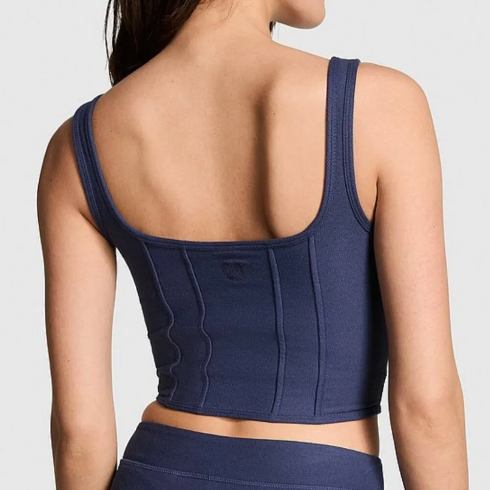 NEW NWT VS PINK VICTORIA'S SECRET Cinched Piqué Corset Top Navy Blue Crop Top L - Image 4