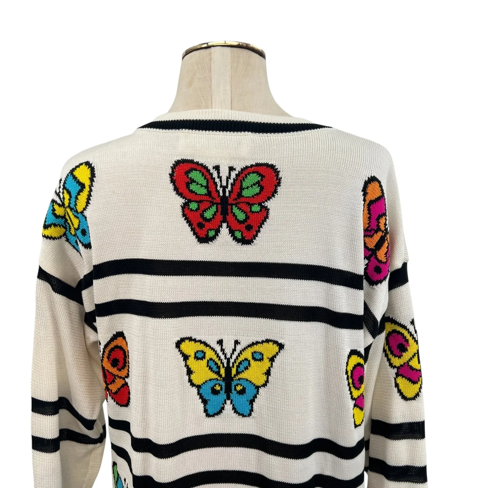 Escada‎ Vintage Sweater Butterfly Stripe Print Cotton Cream Black Size 36 US 6 - Image 8
