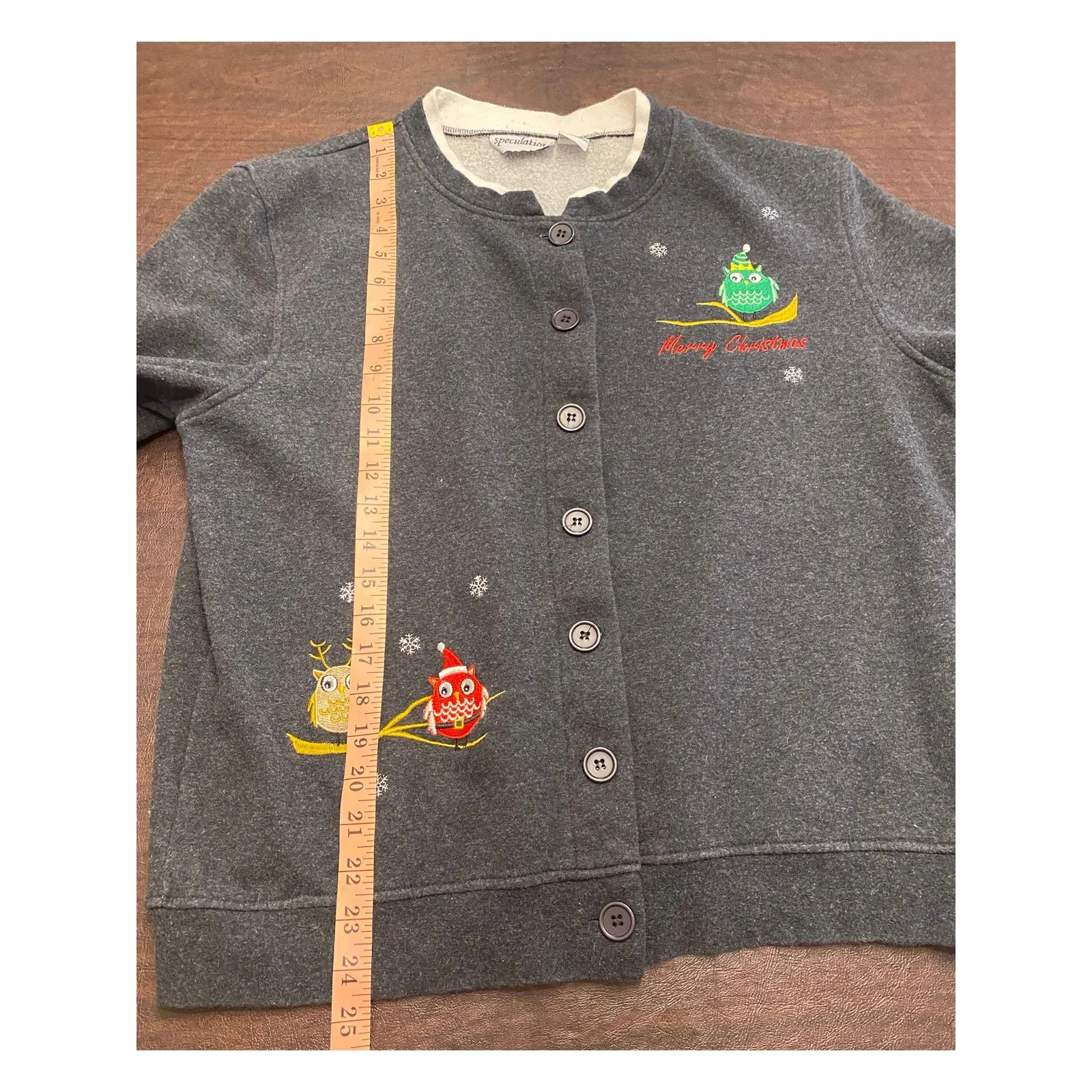 Y2K Christmas Owl Button Up Gray Cardigan White Collar Petite Medium Holiday Size undefined - Image 8