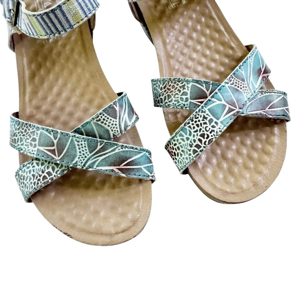 L'Artiste by Spring Step Leather Women's Vella Comfort Wedge Sandals Blue Size 7 - Image 5