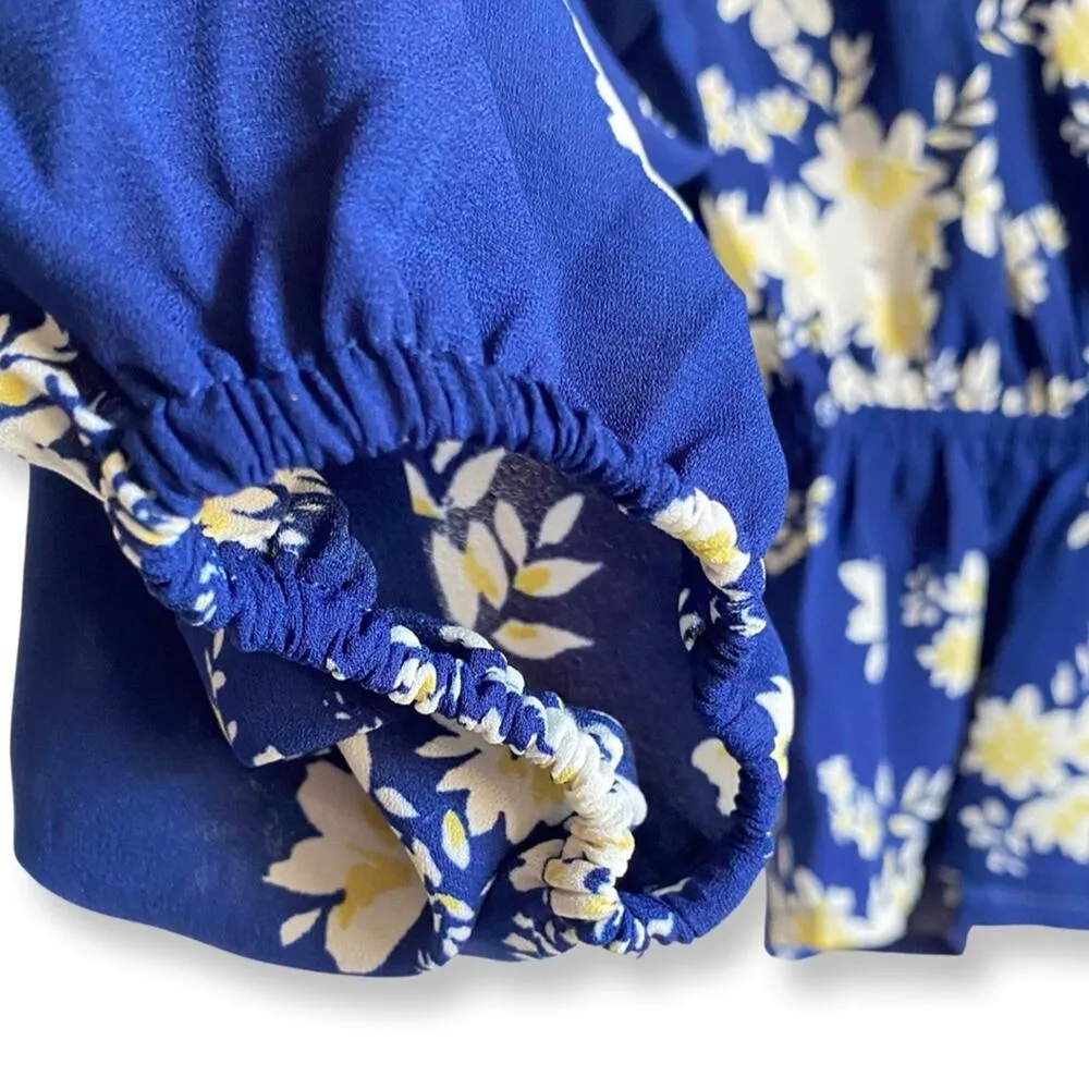 NWT Wayf Double Ruffle V Neck Long Sleeve Blue Floral Blouse - Image 5