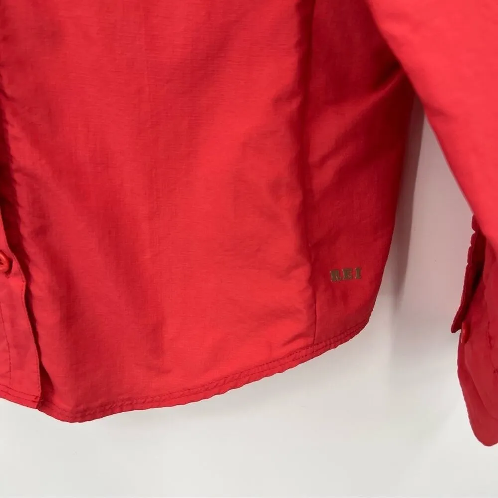 REI coral tab sleeve vented outdoor active button down zipper pockets shirt M Orange Size M - Image 8