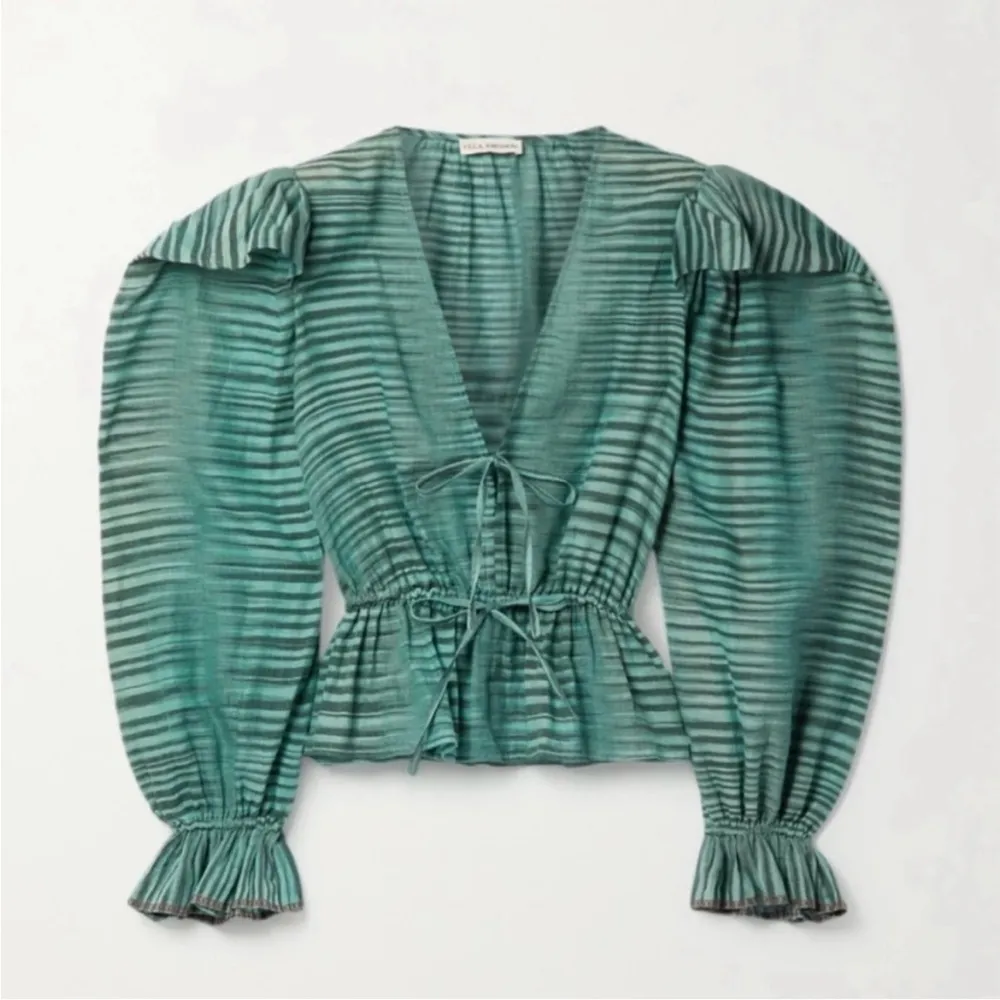 Ulla Johnson Ophelia Cotton Voile Peplum Blouse Teal/ Green Stripe sz 6 - Image 4