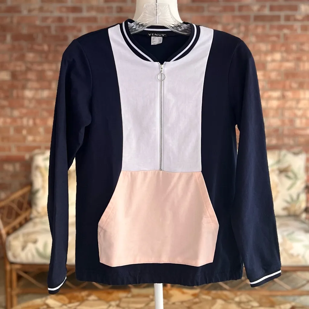 Venus Sweatshirt Colorblock Navy Pullover Half Zip Varsity Terry Cloth S - Image 3