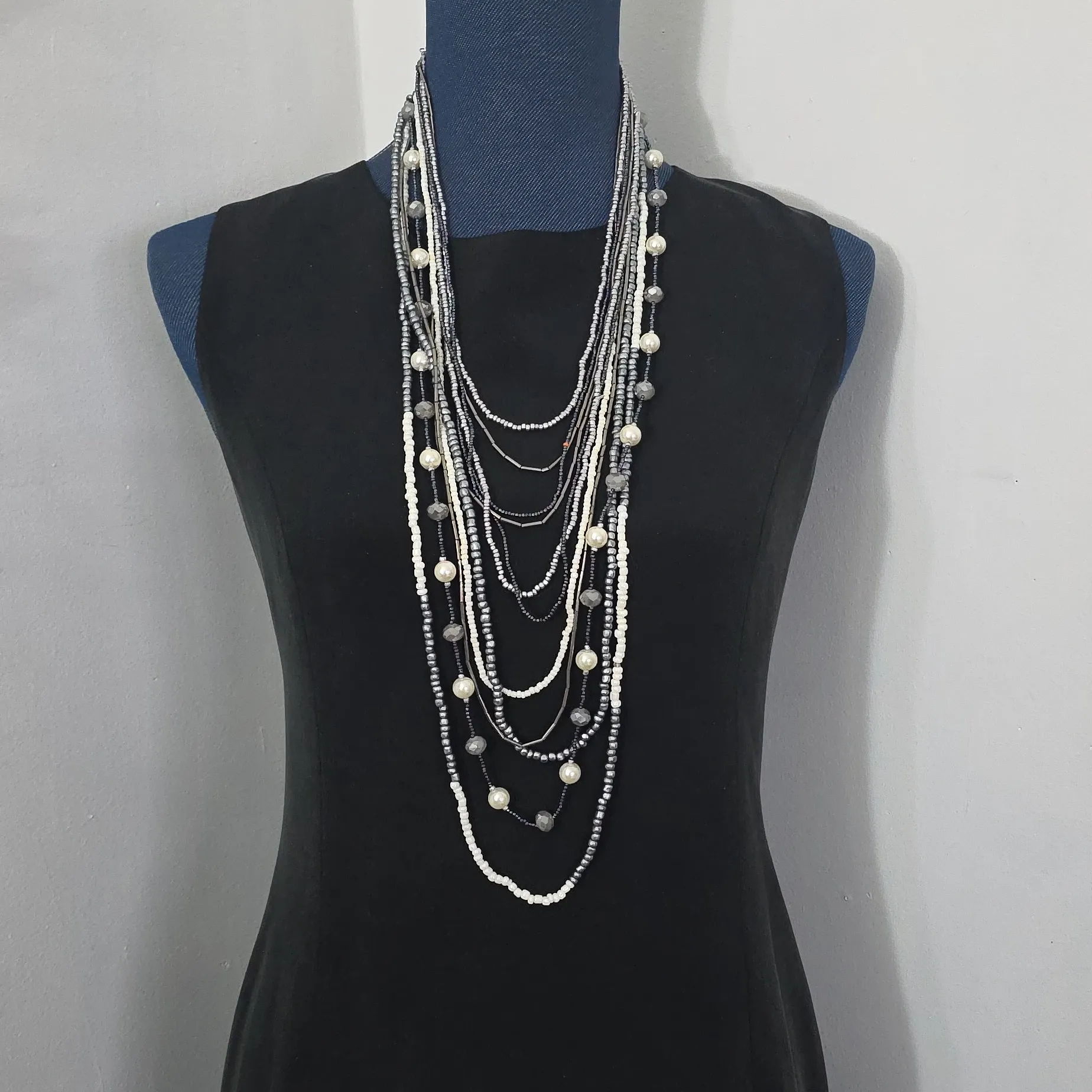Silver Statement Long Multi Strand Necklace and Earrings Set - Image 9