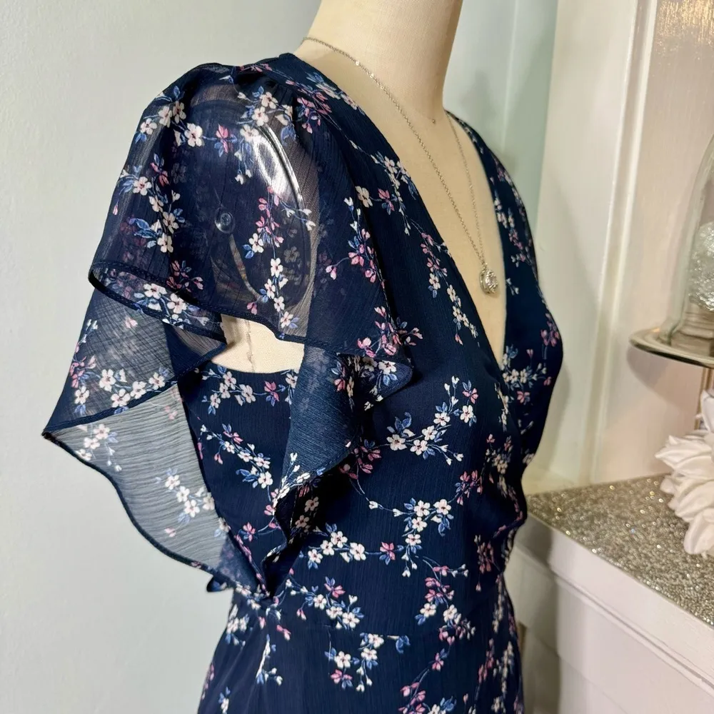DREW for Anthropologie Floral Print Wrap Maxi Dress Boho Style Navy Size Small - Image 8