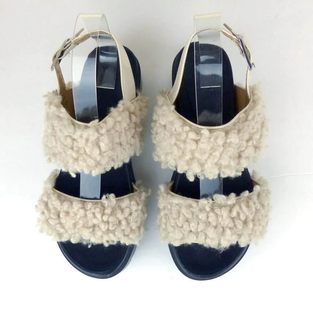 Urban Outfitters Sandal Womens 7 Beige Lexi Faux Sherpa Straps Platform Gorpcore - Image 7