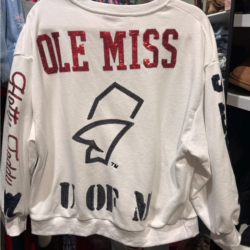 QUEEN OF SPARKLES White and Red Ole Miss Sweater Size XS - Image 2