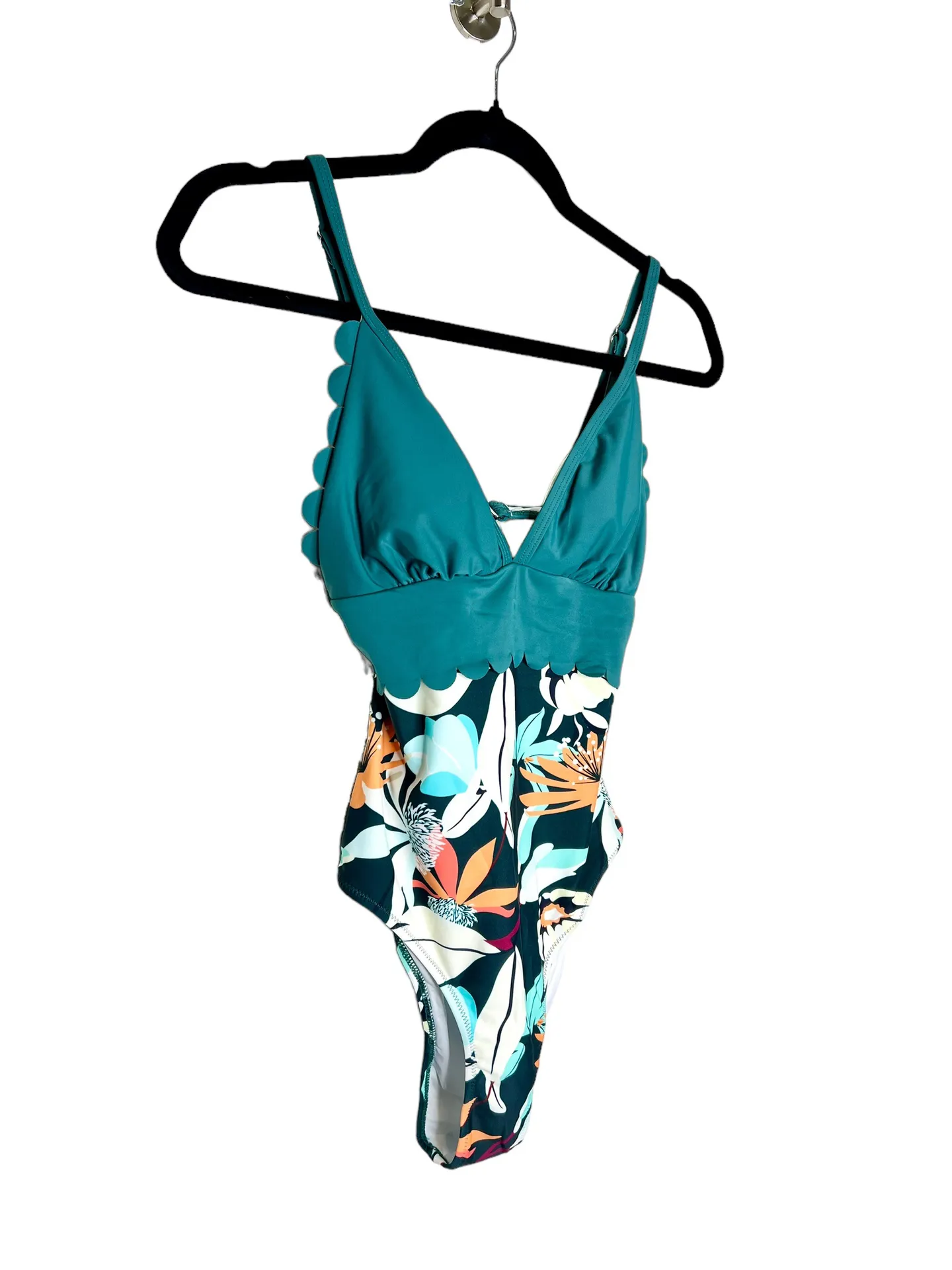 Floral Scalloped One-piece Swimsuit Teal Size XS - Image 6