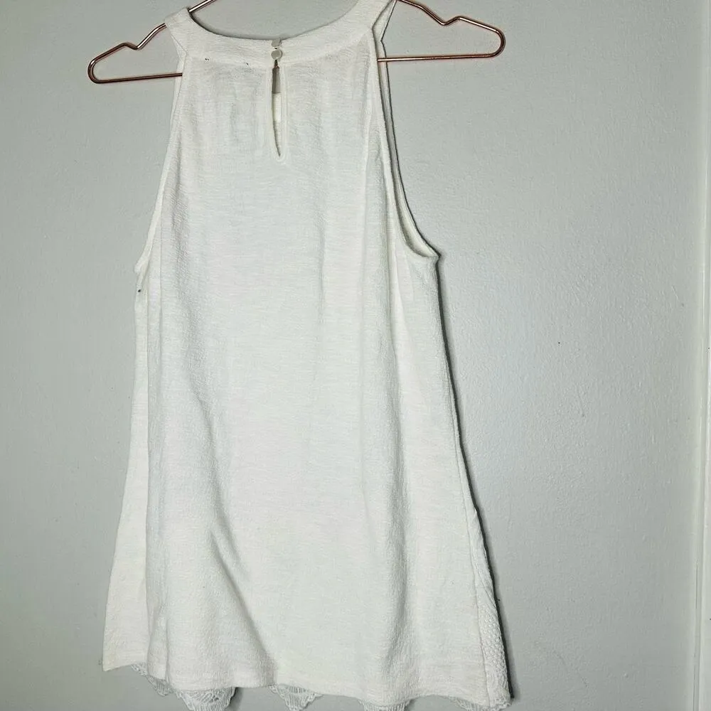 NWT ADRIANNA PAPELL White Crepe Sleeveless Crochet Lace Trim Tank Top Size Small - Image 3