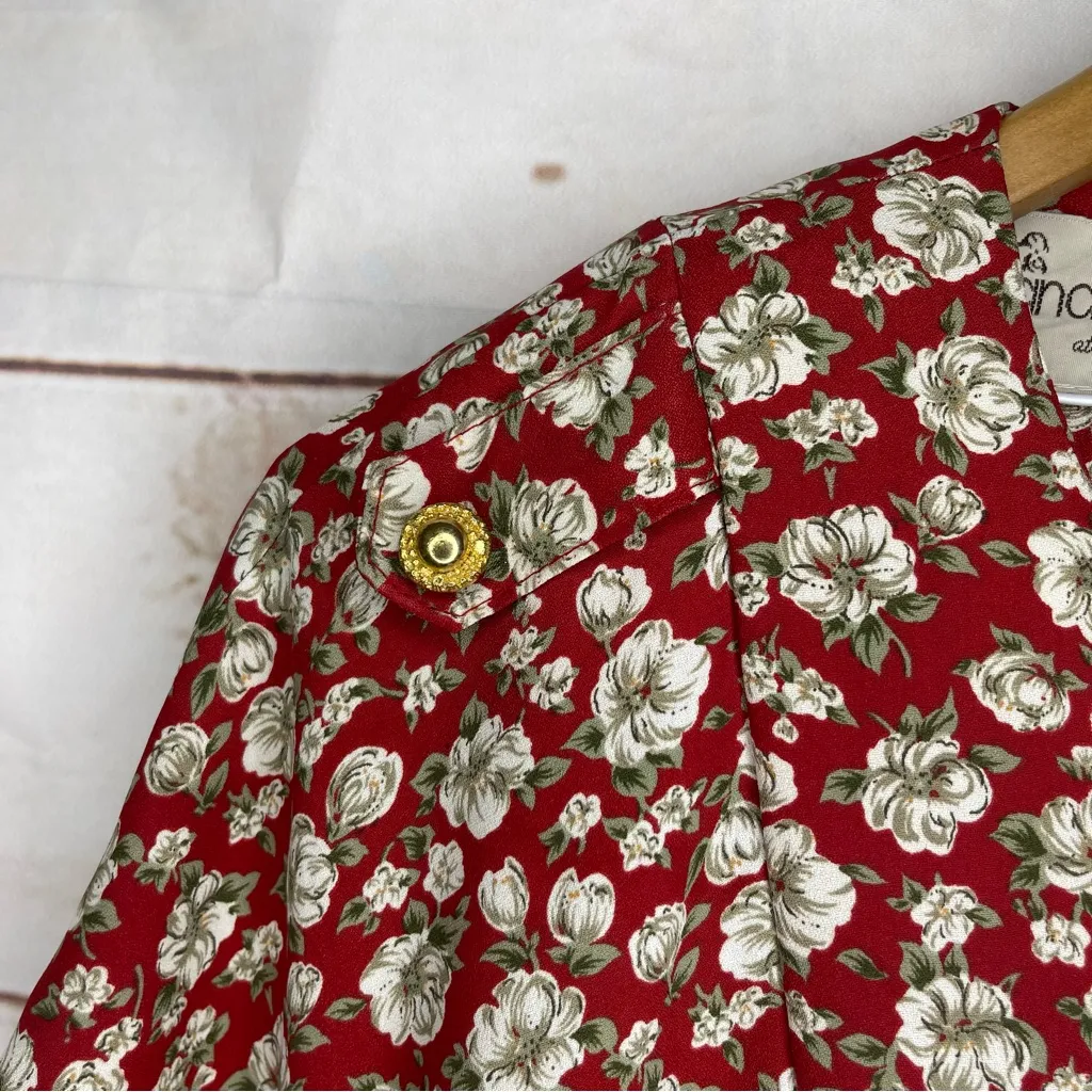 VINTAGE • Panache • Midi Dress • Red with White Flowers • Large • Gold Buttons - Image 2