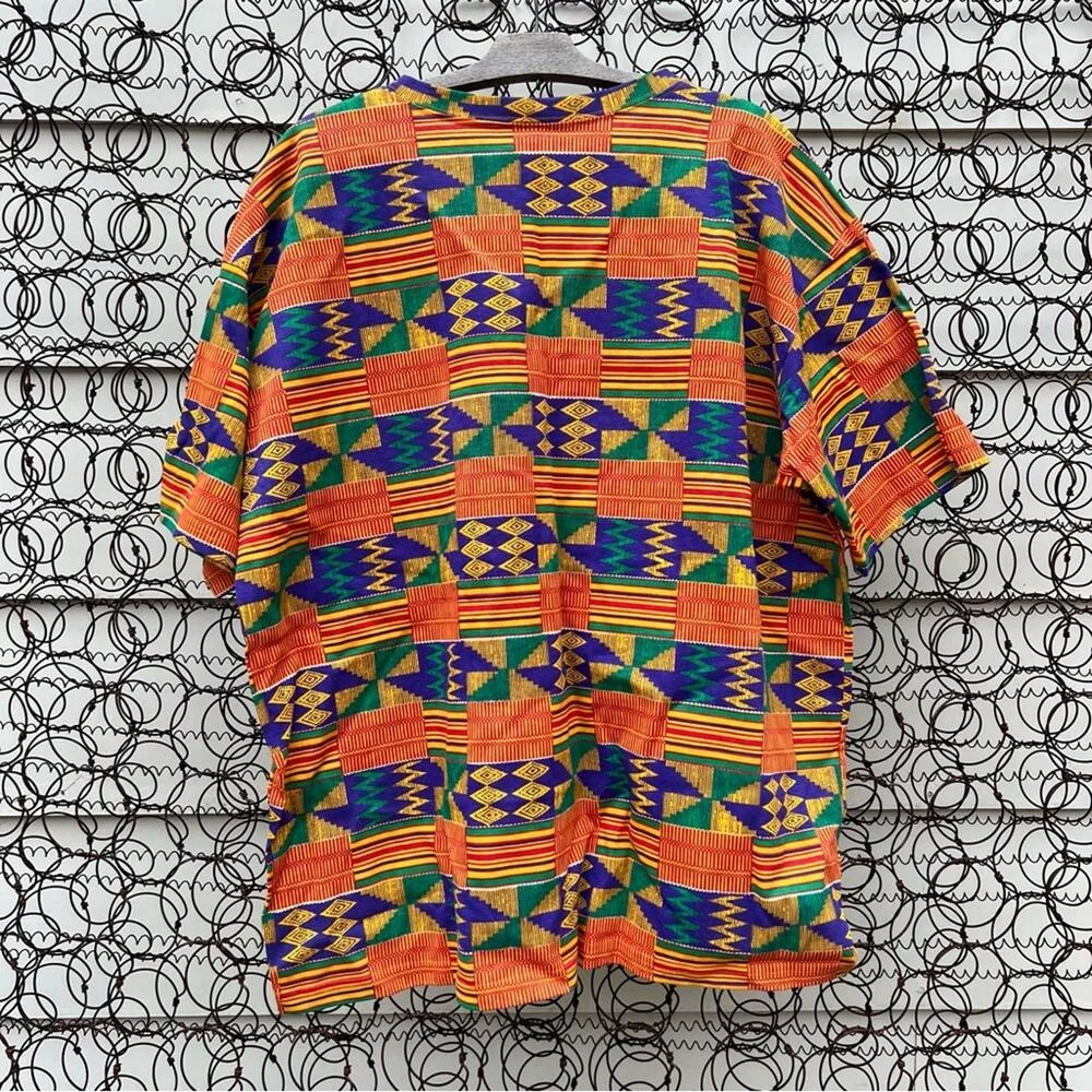 Vintage 90s Merci Orange Geometric Ethnic Tribal T-shirt 3X - Image 3