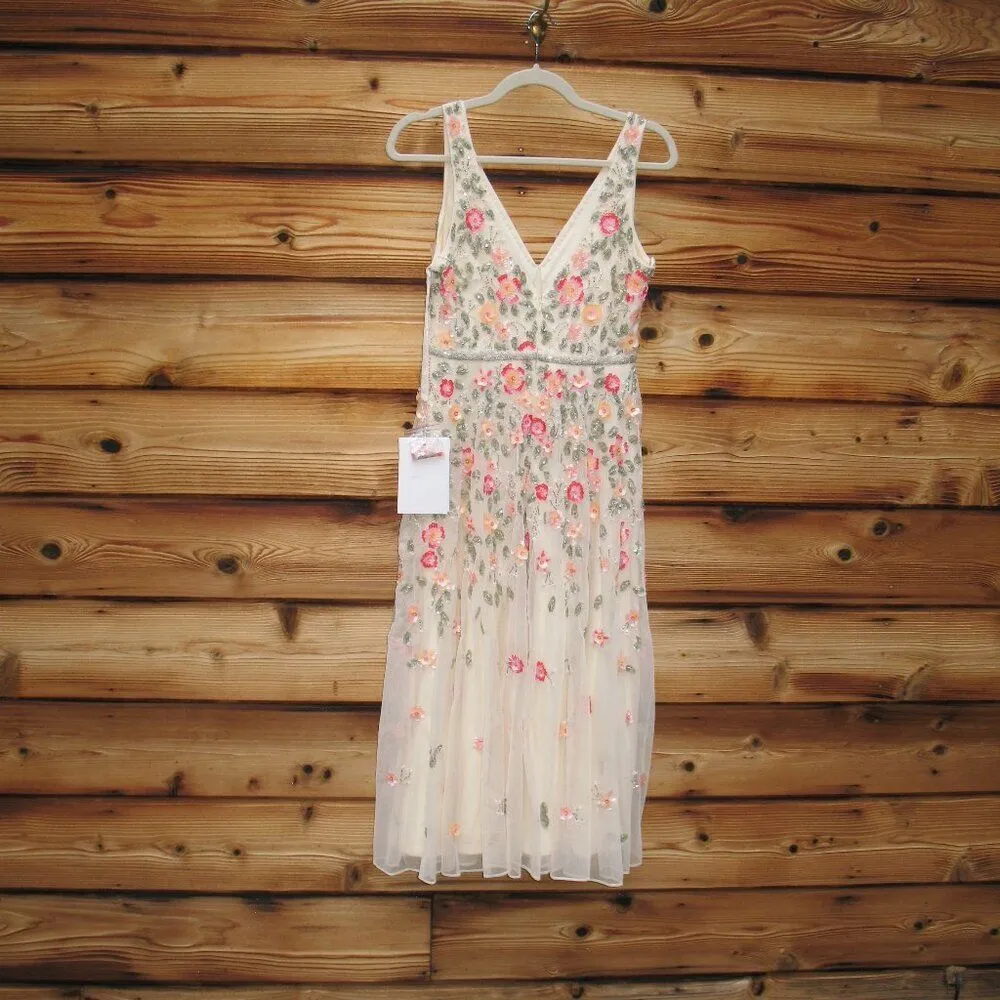 Mac Duggal 5527 Cream V-Neck Sleeveless Midi Floral Beaded A-line Dress $598 - Image 13