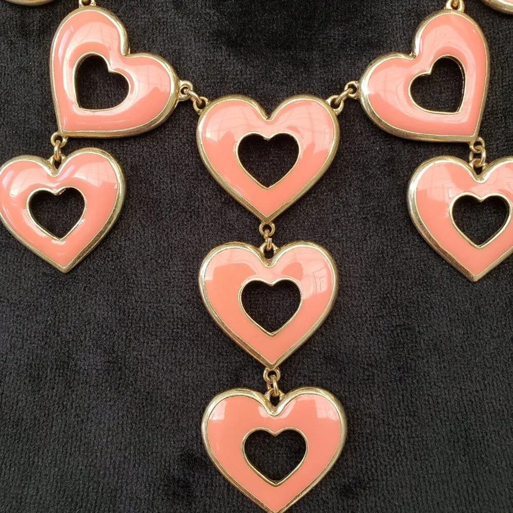 Ella Womens Enamel Heart Linked Gold Tone Collar Detail Necklace with Earring Pink - Image 4