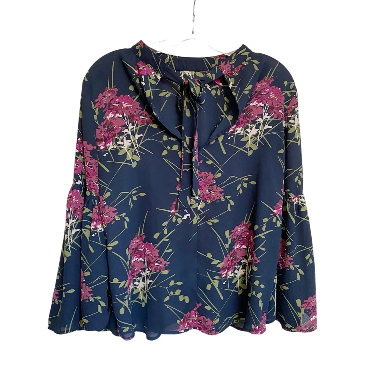 Loft Outlet Petite Blue/Plum/Green Floral Neck-Tie Top‎ Bell Sleeves - SP - Image 6