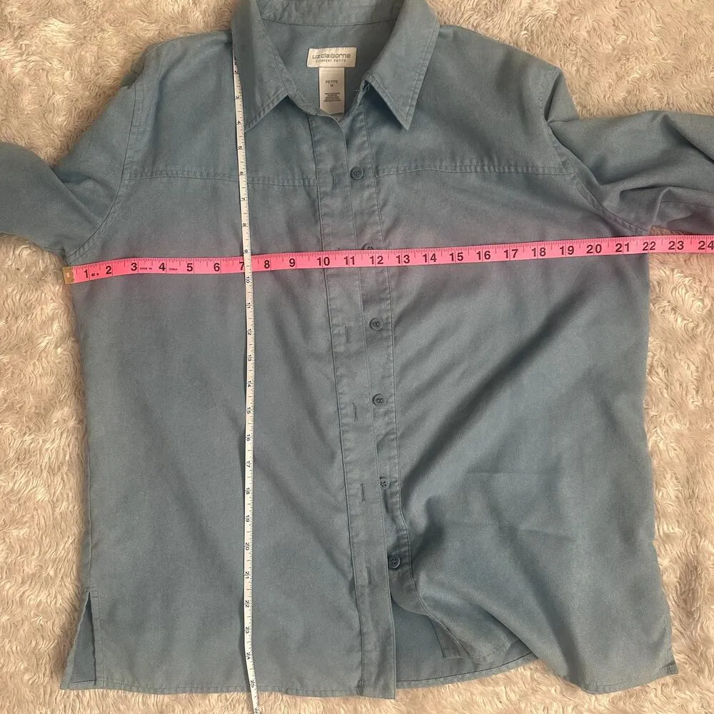 Vintage Liz Claiborne Dusty Blue Faux Suede Button Up Collared Shirt Longsleeve - Image 3