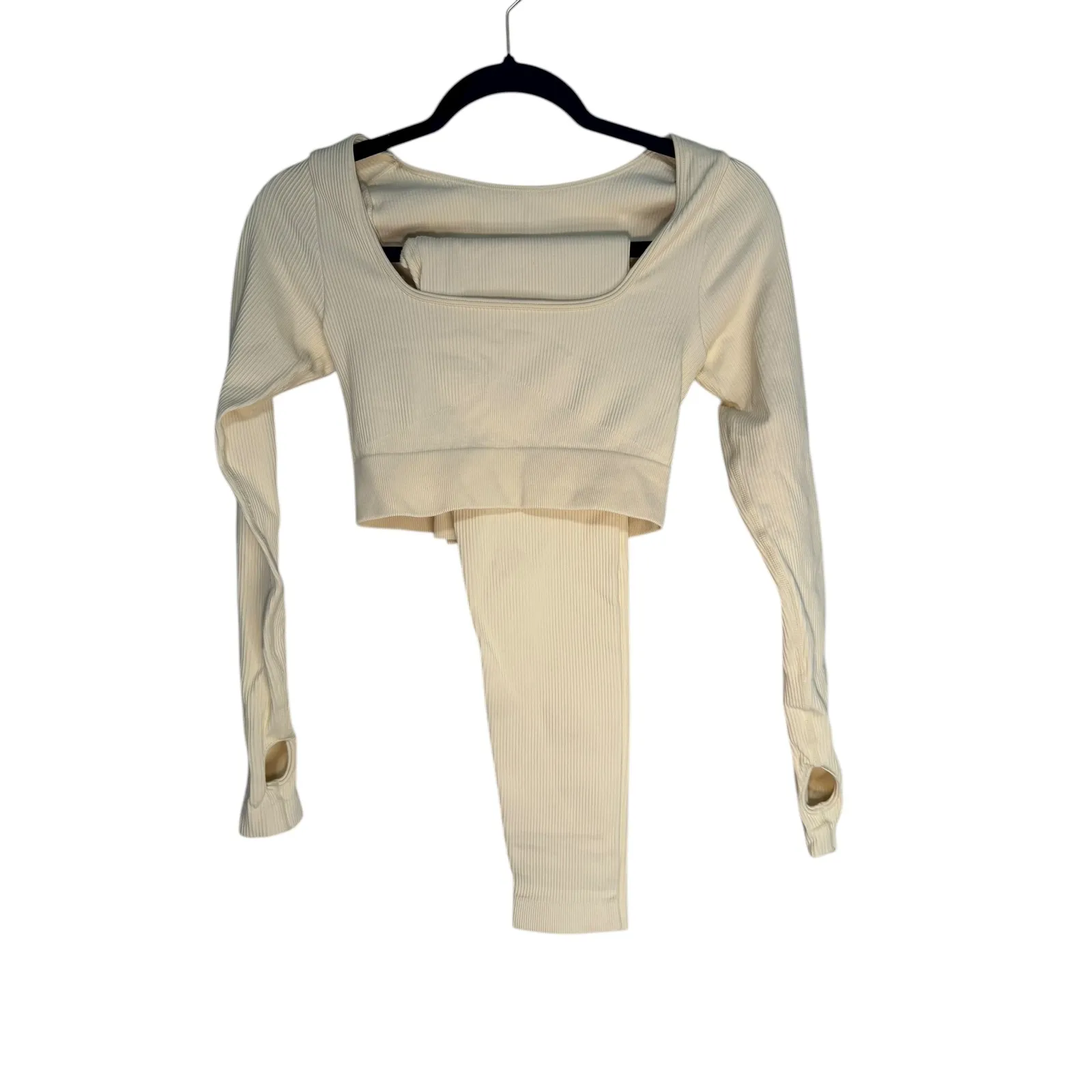 Ribbed Long Sleeve Crop Top Thumbhole Leggings Set Workout Athleisure Cream M Size M - Image 7