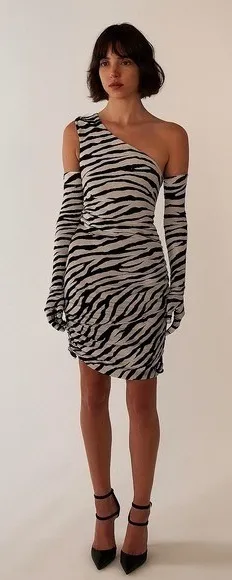 $385 NWOT MISCREANTS Zebra One Shoulder Ruched Bodycon Mini Dress Size 8 UK Black - Image 1