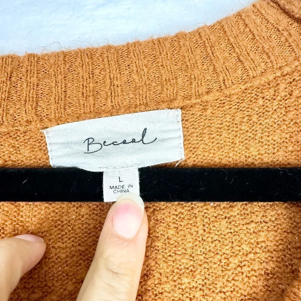 Be Cool Crewneck Split Hem Sweater Size Large Burnt Orange Camel - Image 3