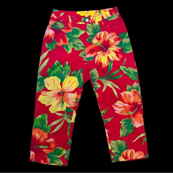 Vintage Ralph by Ralph Lauren Red Yellow Floral Hibiscus Cropped Capri Pants - Image 2