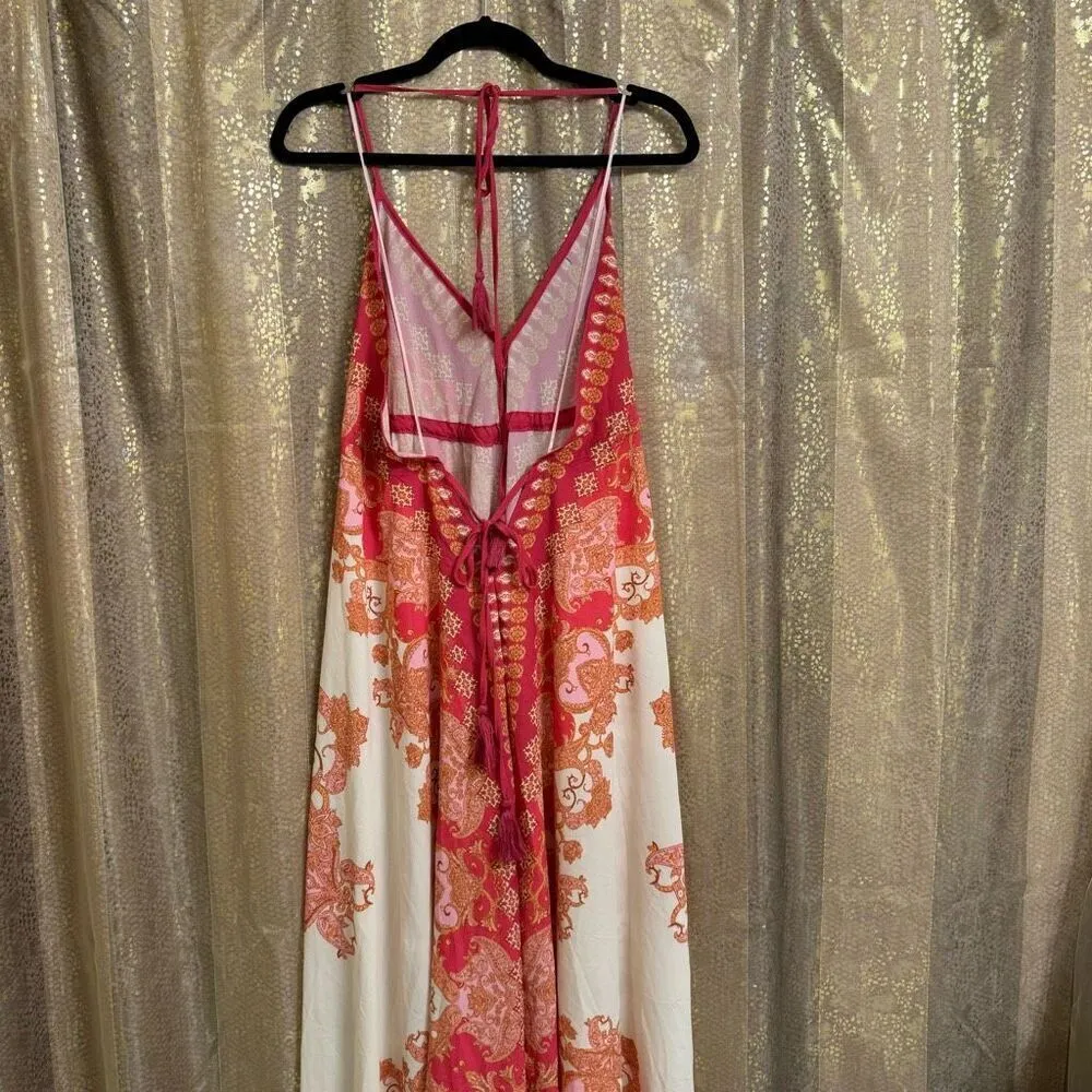 Vici Hot Pink Orange Vineyard Border Print Open Back Hi Low Maxi Dress Medium - Image 2