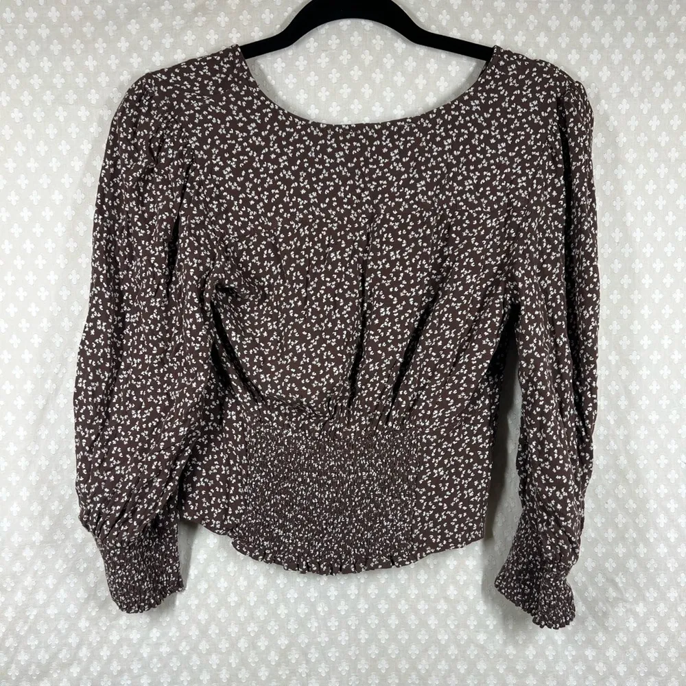 Abercrombie &‎ Fitch Brown White Floral Button Up Puff Sleeve Cropped Top - Image 7