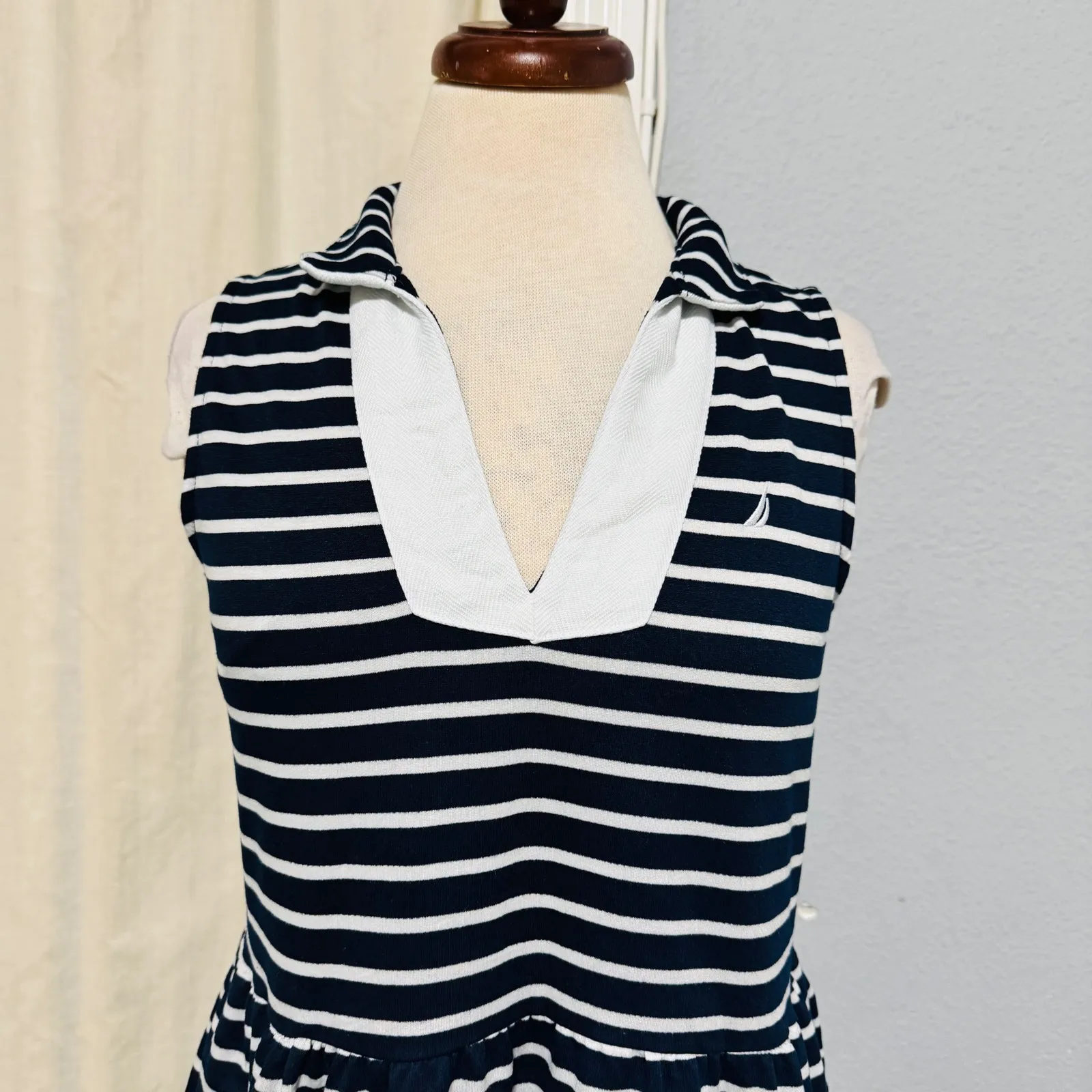 Nautica Jeans Navy White Striped Sleeveless Tiered V Neck Collar Short Dress S Blue - Image 3