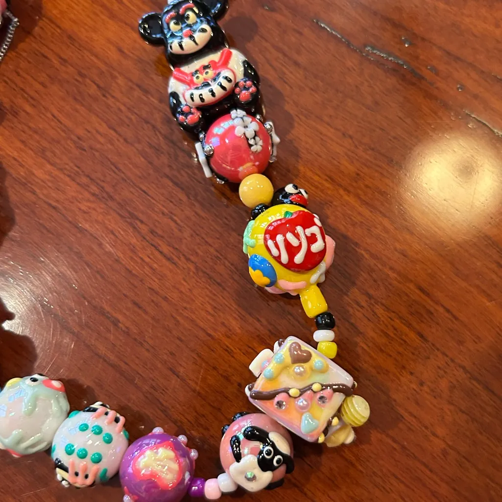 Handmade Painted Colorful Beaded Cartoon Keyring Keychain Pink - Image 4