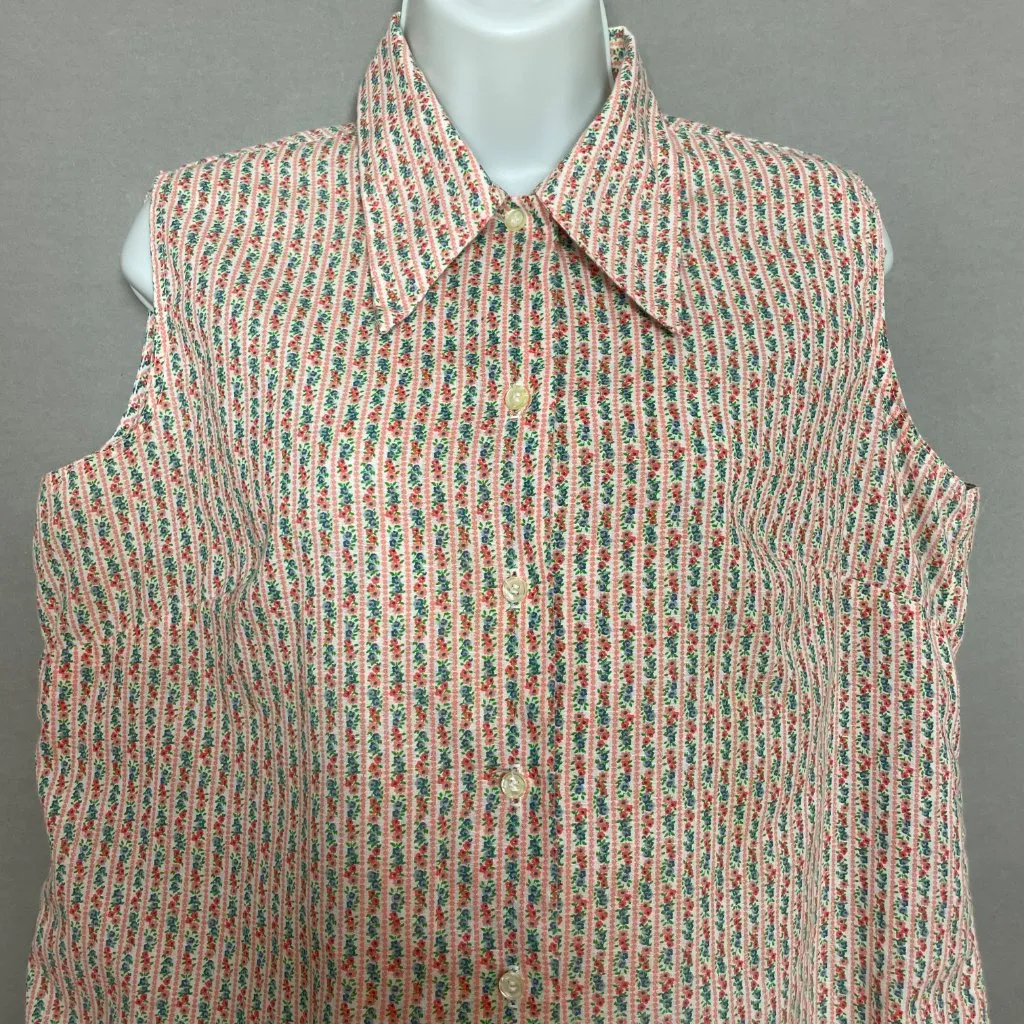 Vintage Sleeveless Blouse Dagger Collar Floral Stripes Button - Image 4
