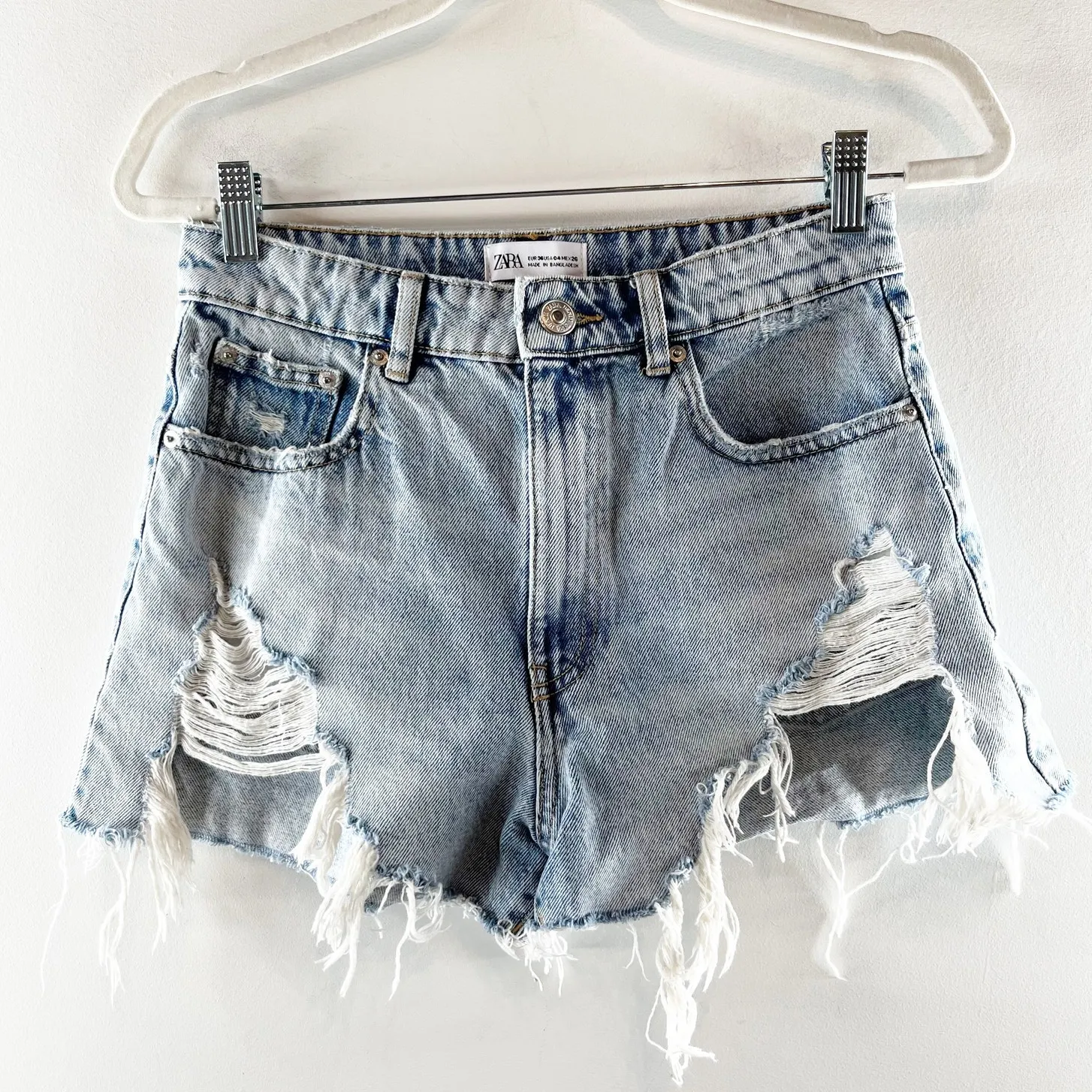ZARA High Rise Distressed Cutoff A Line Mom Denim Jean Shorts Blue 4 - Image 2
